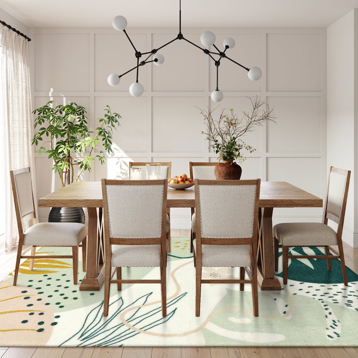 Kiki Washable Modern Botanical Leaf Print Green Rug