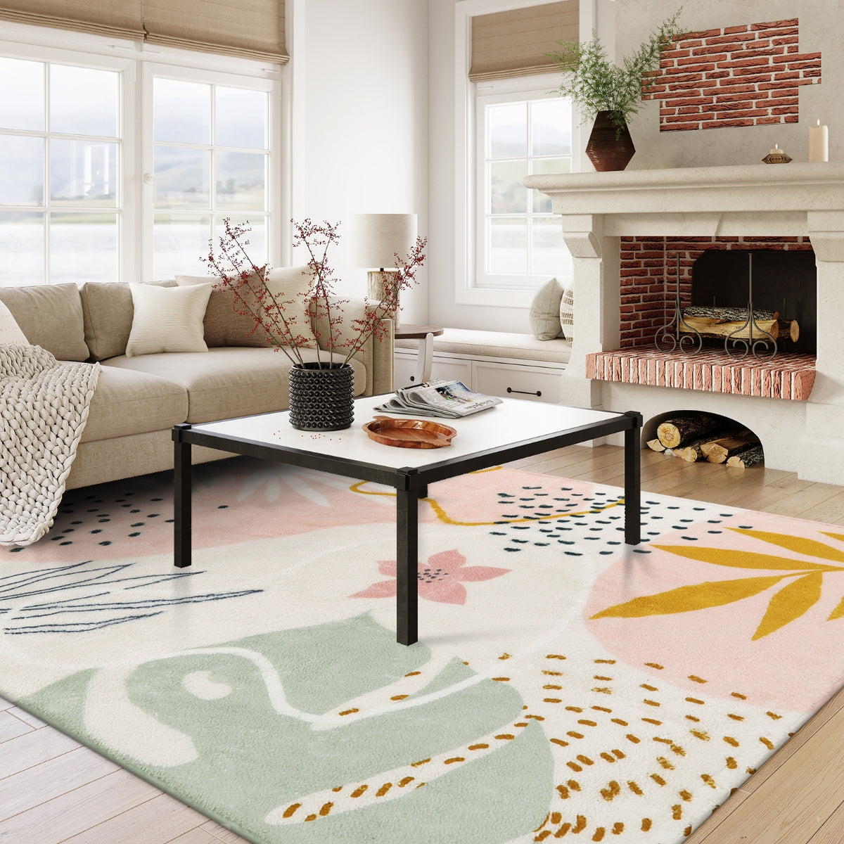 Kiki Washable Modern Botanical Leaf Print Pink Rug