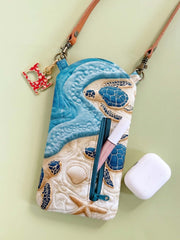 Coastal Sea Turtle Shell Starfish Quilted Slim Phone Crossbody Bag