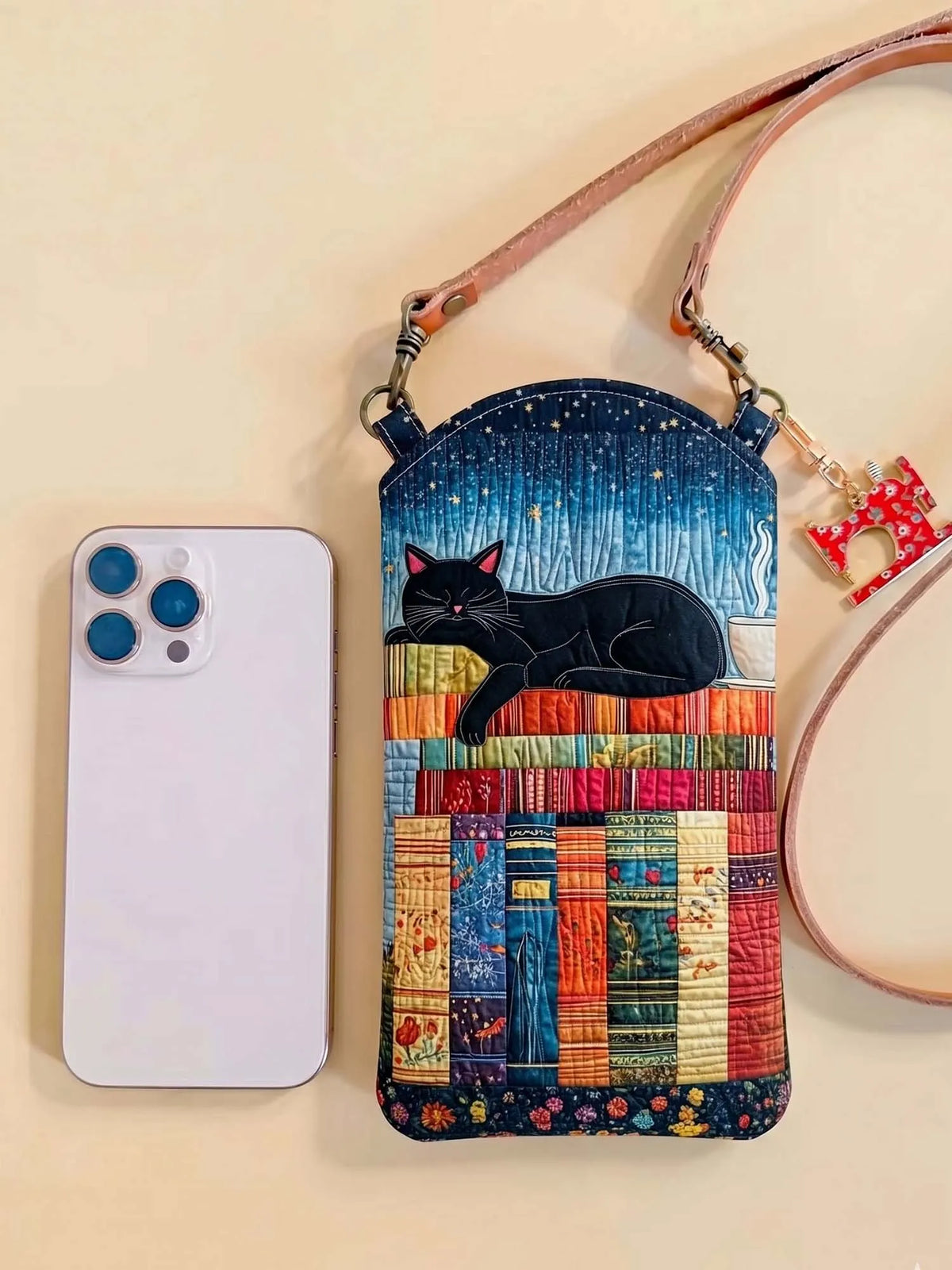 Black Cat And Books Quilted Slim Phone Crossbody Bag