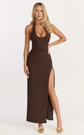 Ruby Maxi Dress - Halter Scoop Neck Low Back Bodycon Dress in Chocolate