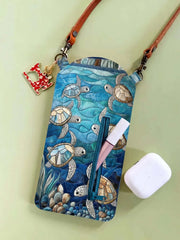 Stained Glass Sea Turtle Ocean Quilted Slim Phone Crossbody Bag