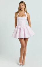 Maddy Mini Dress - Square Neck Halter Fit And Flare Dress in Pink