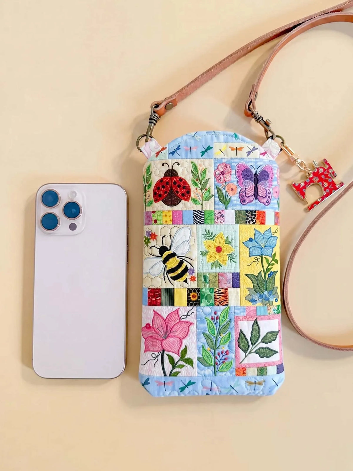 Nature And Insects Quilted Slim Phone Crossbody Bag