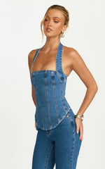 Chaney Top - Panelled Denim Halter Neck Top in Mid Blue Wash