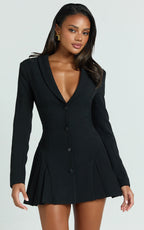 Bea Mini Dress - Collared Long Sleeve Fit And Flare Pleated Dress in Black
