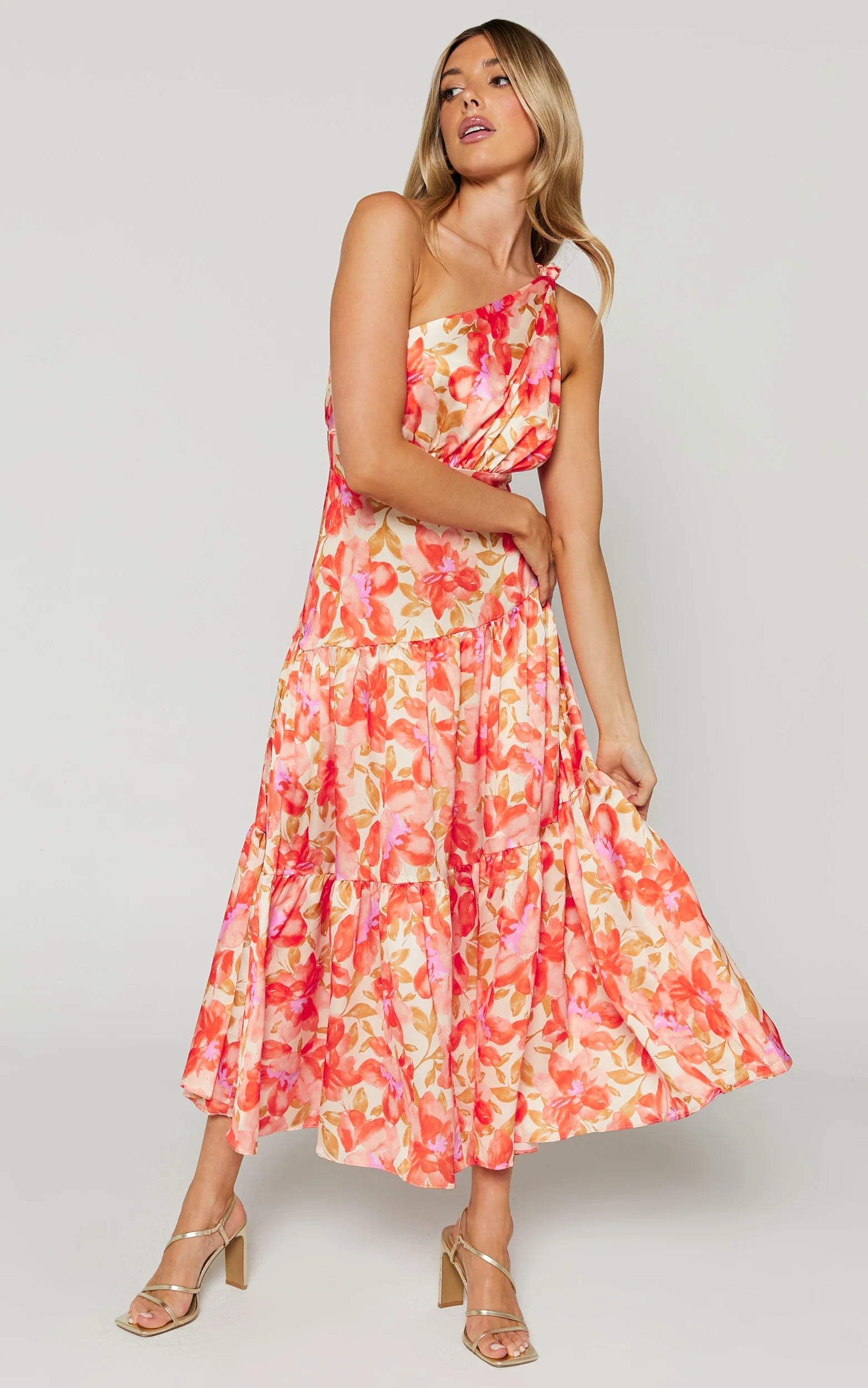 Georgine Midi Dress - One Shoulder Ruched Tiered Dress in AUTUMN FLORAL