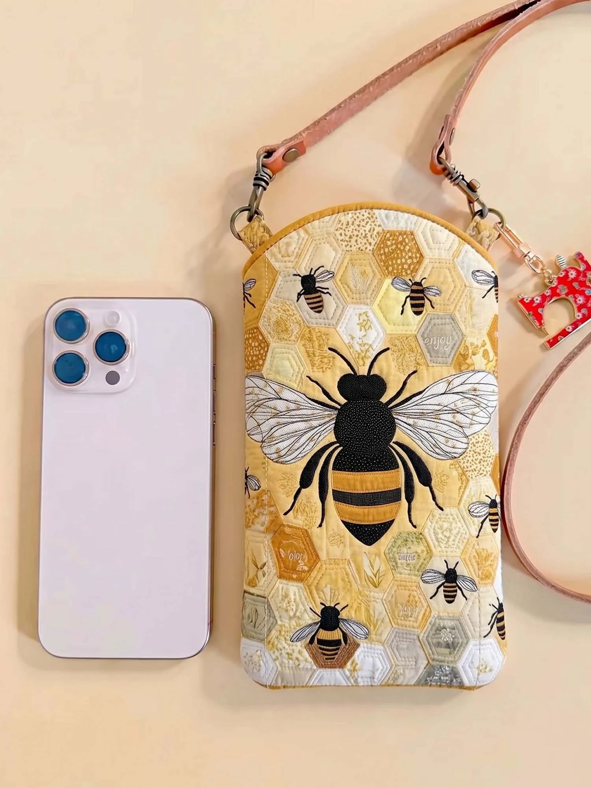 Honeycomb Giant Bee Quilted Slim Phone Crossbody Bag