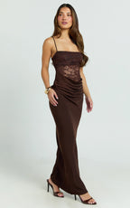 Rania Maxi Dress - Contrast Lace Bodice Bias Cowl Drop Waist Dress in Chocolate