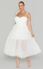 Aisha Midi Dress - Bustier Bodice Tulle Dress in White