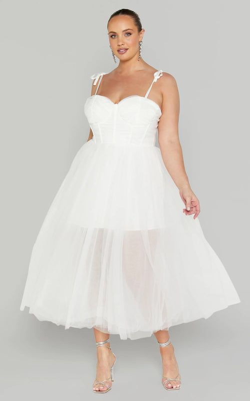 Aisha Midi Dress - Bustier Bodice Tulle Dress in White