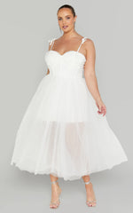 Aisha Midi Dress - Bustier Bodice Tulle Dress in White