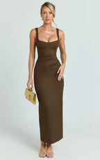Benita Midi Dress - Scoop Neck Ruched Fitted Dress in Chocolate