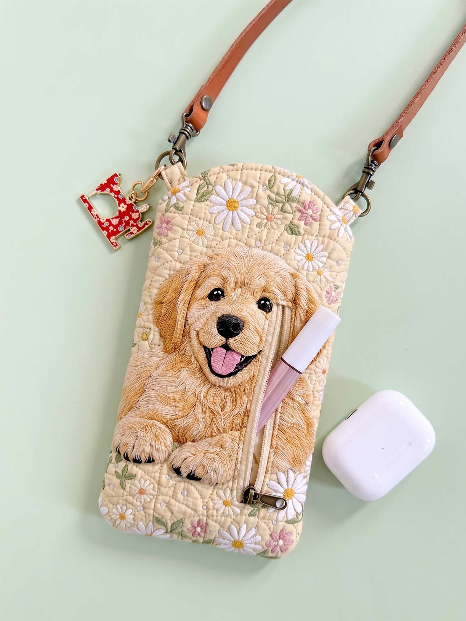 Flowers And A Golden Retriever Quilted Slim Phone Crossbody Bag