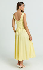 Beckett Midi Dress - Scoop Neck Drop V Waist Gathered Skirt Dress in Butter Yellow