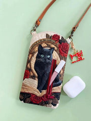 Book And The Black Cat Quilted Slim Phone Crossbody Bag