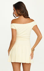 Daisy Mini Dress - Off Shoulder Ruched Pleated Skirt Dress in Cream