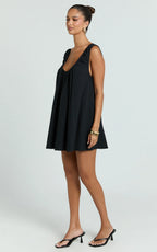Lucinda Mini Dress - Deep U Gathered Neck Smock Dress in Black