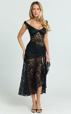 Tatum Midi Dress - Lace Off Shoulder Side Split Dress in Black