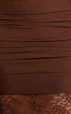 Ferguson Maxi Dress - One Shoulder Draped Jersey and Lace Dress in Chocolate