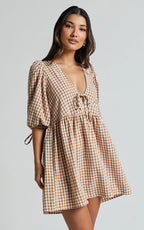 Rosita Mini Dress - Tie Front Puff Sleeve Dress in Caramel & White Gingham