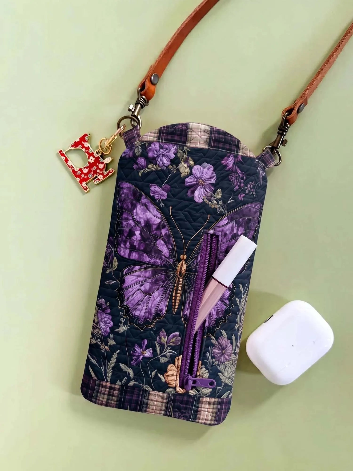 Plaid Purple Butterfly Floral Quilted Slim Phone Crossbody Bag