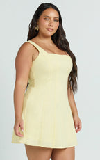 Adiana Mini Dress - Linen Square Neck Shirred Back A Line Dress in Lemon