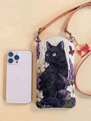 Cute Cat Quilted Slim Phone Crossbody Bag