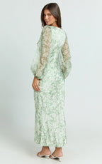Freollyn Midi Dress - Deep V Neck Long Sleeve Dress in Sage