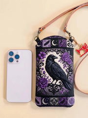 Raven And Flower Quilted Slim Phone Crossbody Bag