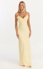 Kyra Maxi Dress - Lace Bust And Tie Back Satin Dress in Lemon