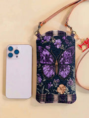 Plaid Purple Butterfly Floral Quilted Slim Phone Crossbody Bag