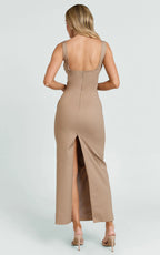 Benita Midi Dress - Scoop Neck Ruched Fitted Dress in Mocha