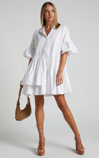 Elowen Mini Dress - Button Up Asymmetrical Tiered Smock Dress in White