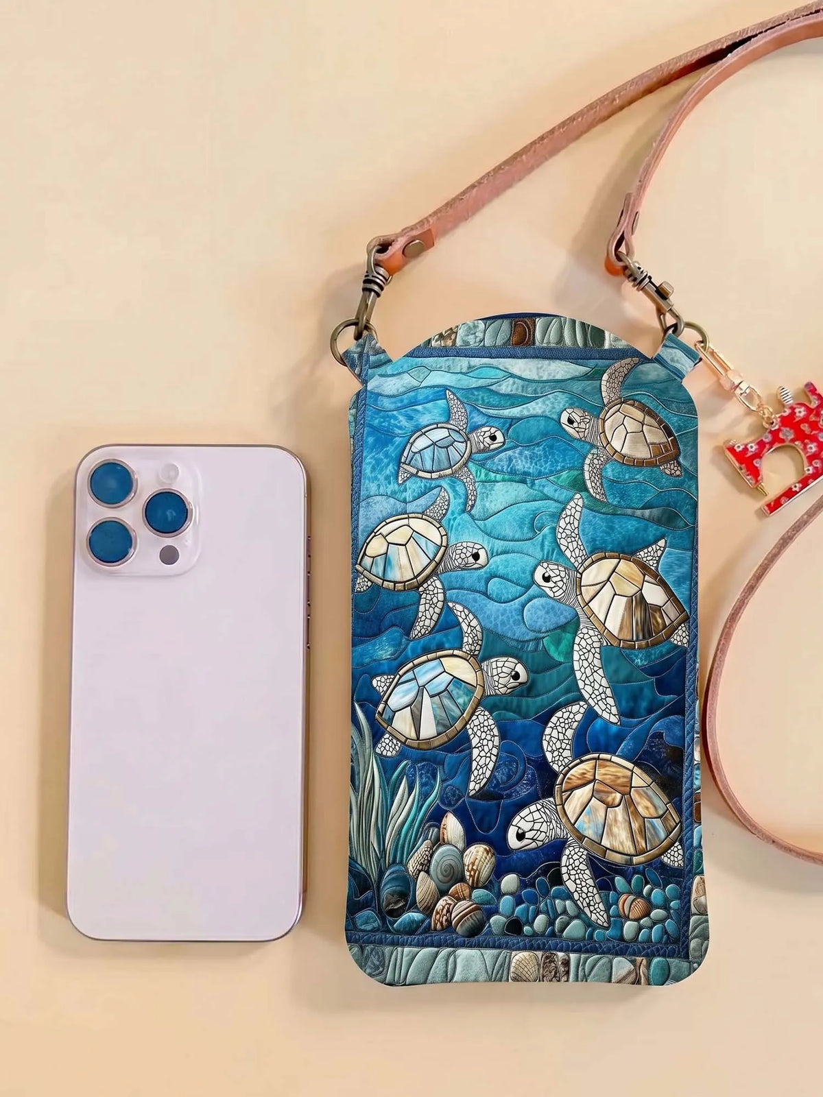 Stained Glass Sea Turtle Ocean Quilted Slim Phone Crossbody Bag