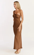 Calix Midi Dress - One Shoulder Slip Dress in Chocolate