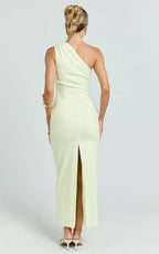Karlie Midi Dress - One Shoulder Fitted Dress in Lemon