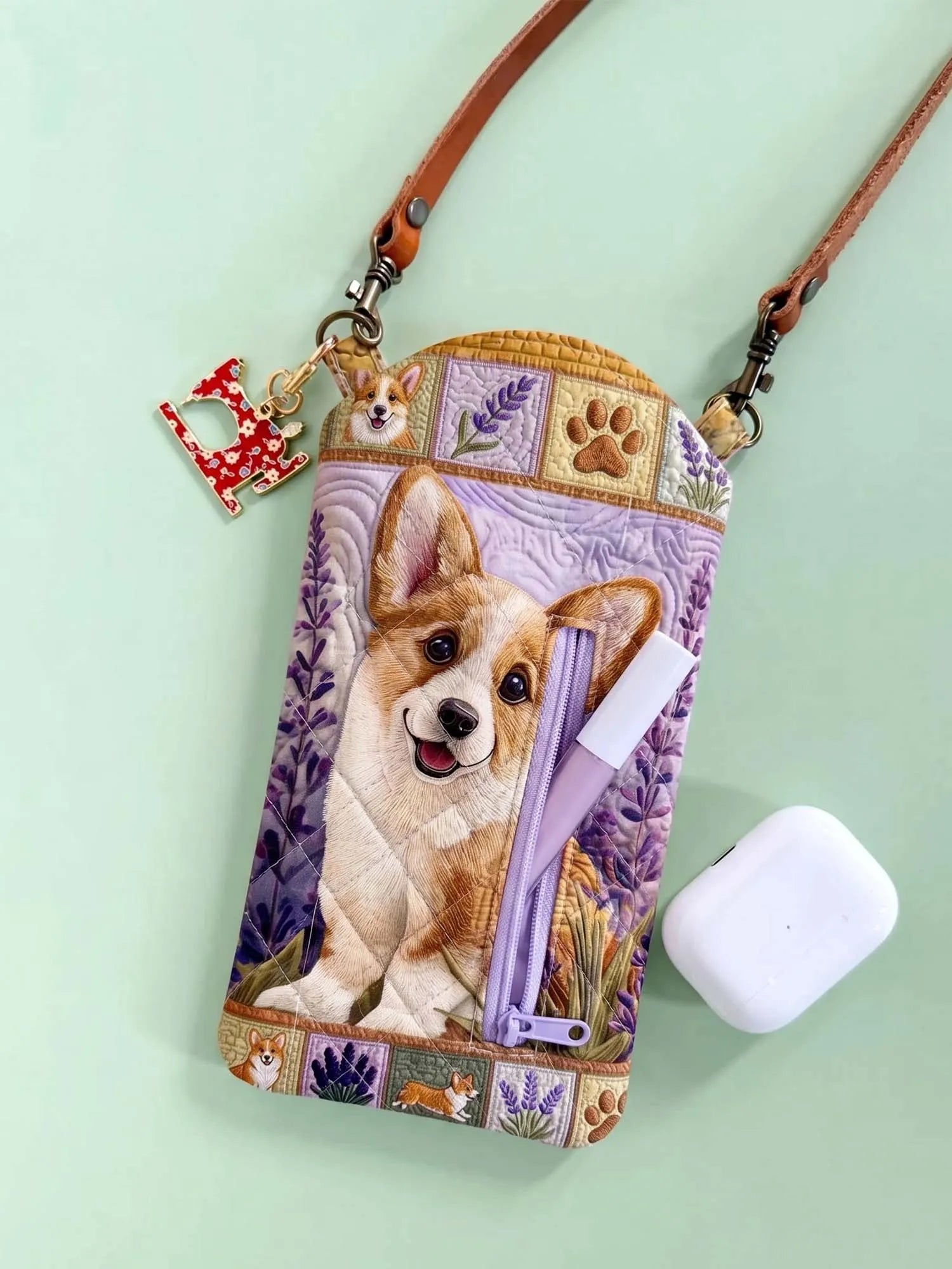 Lavender Corgi Patchwork Quilted Slim Phone Crossbody Bag