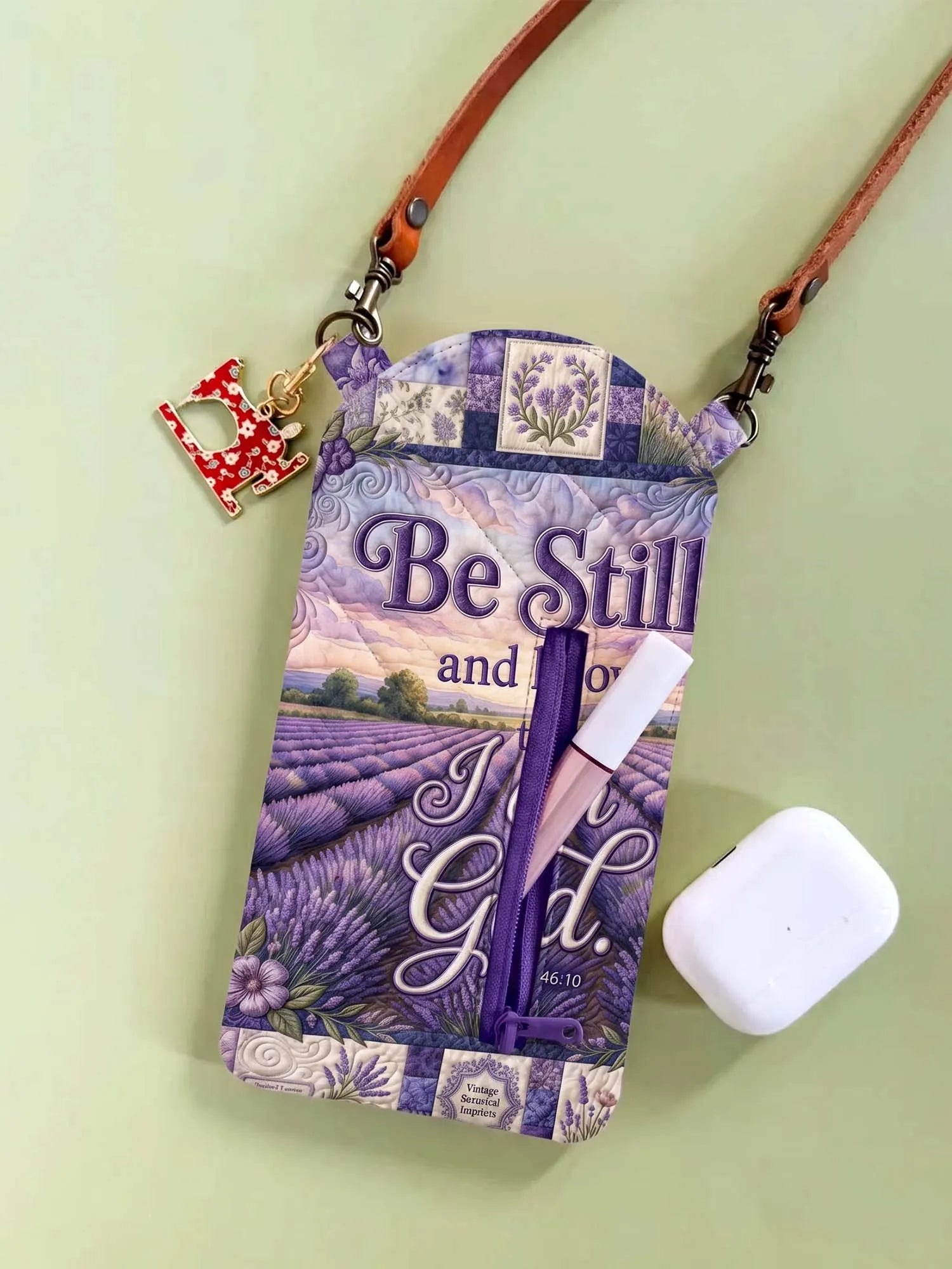 Be Still Lavender Scripture Quilted Slim Phone Crossbody Bag