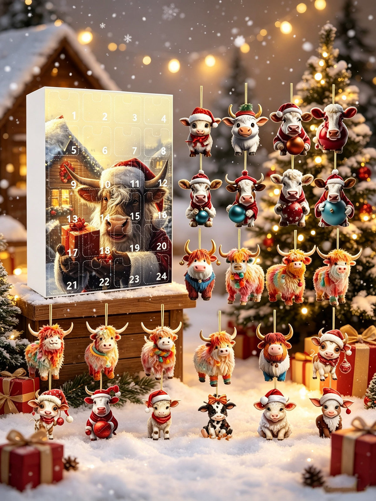 2026 Highland Cow Christmas Ornament Advent Calendar Blind Box (24-Piece Set)(2D Acrylic Flat)