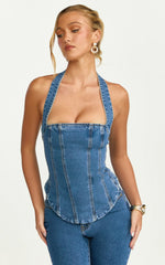 Chaney Top - Panelled Denim Halter Neck Top in Mid Blue Wash
