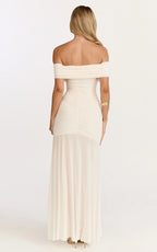 Alanna Maxi Dress - Off Shoulder Ruched Mesh Dress in Cream