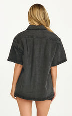 Iris Top - Oversized Recycled Denim Hardware Detail Short Sleeve Shirt in Black