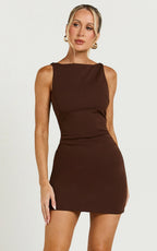 Bindi Boat Neck Bodycon Mini Dress in Chocolate