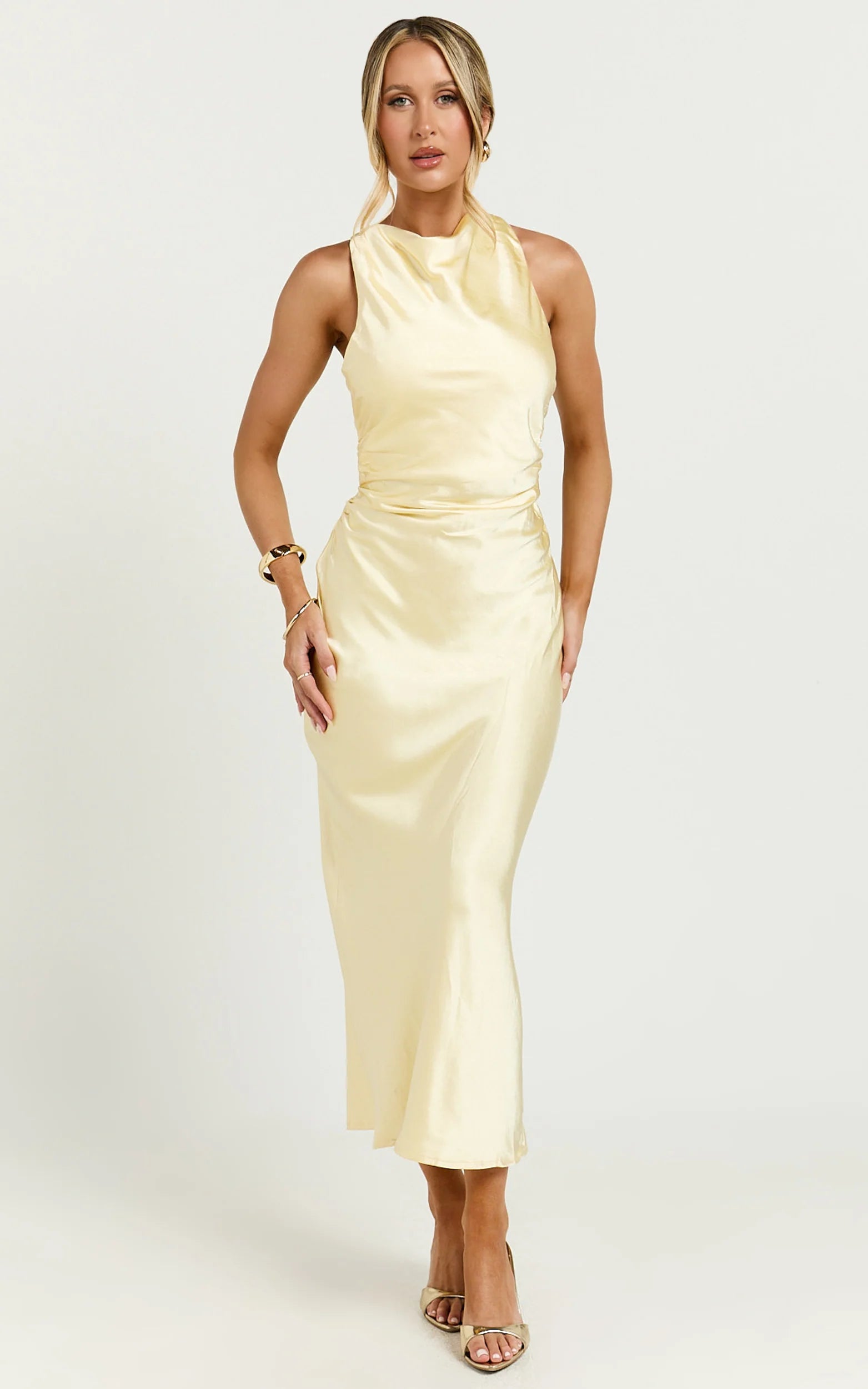 Aluna Midi Dress - High Neck Cross Back Satin Slip Dress in Lemon