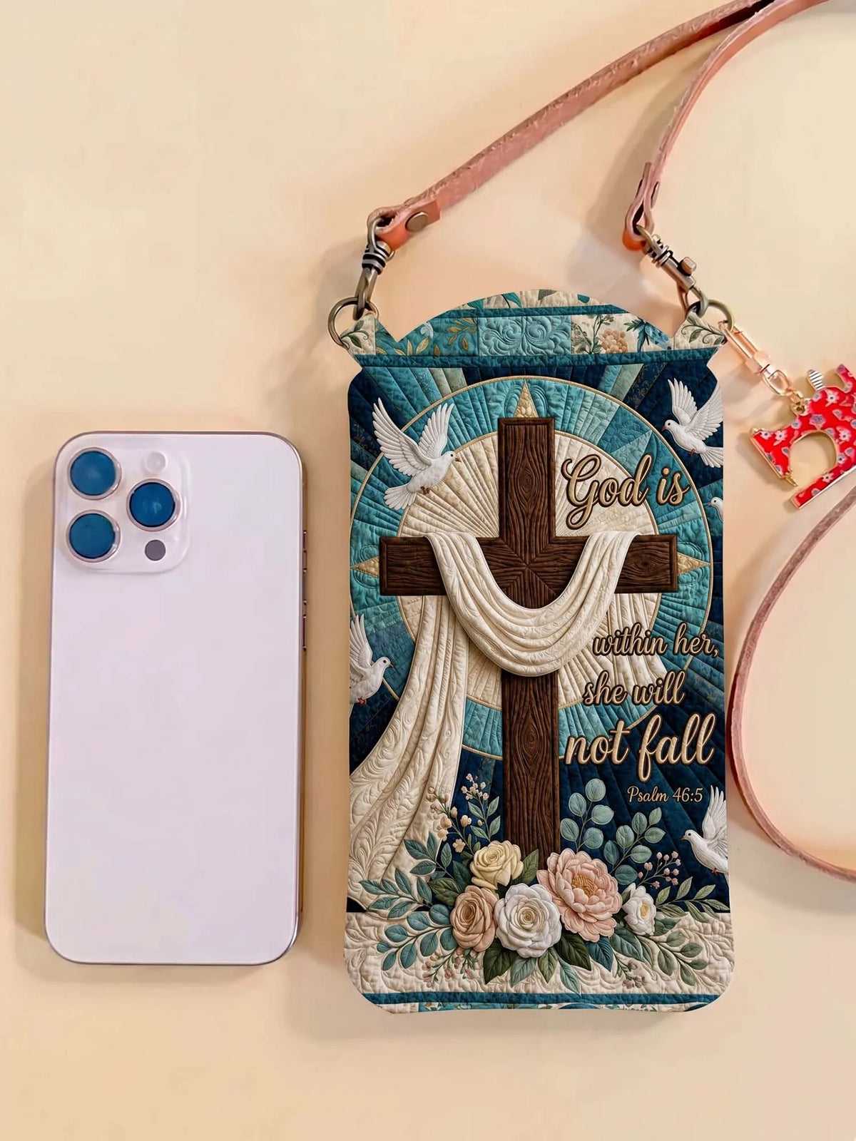 Cross Dove Floral Bible Verse Quilted Slim Phone Crossbody Bag