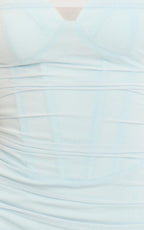 Helda Mini Dress - Corset Bodice Sheer Overlay Bodycon Dress in Soft Blue