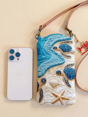 Coastal Sea Turtle Shell Starfish Quilted Slim Phone Crossbody Bag