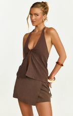 Griffin Top - Front Twist Halter Neck Top in Chocolate