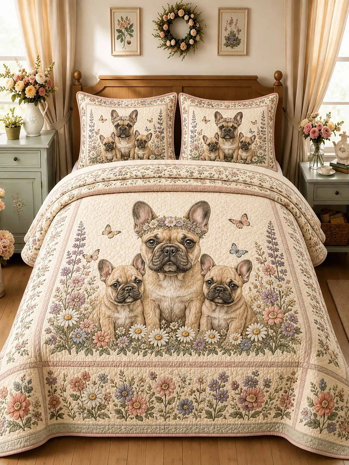 Flower‐Crown French Bulldog Family Garden 3‐Piece Quilted Bedding Set